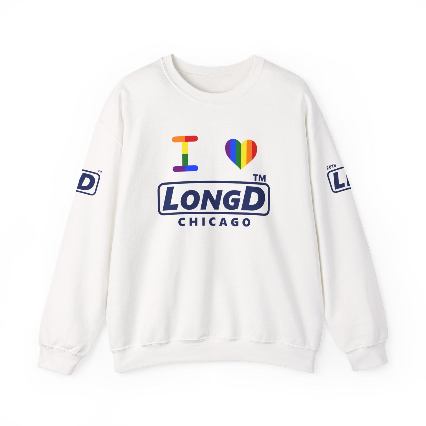 I Luv LongD official basic 4-print Chicago logo crewneck sweatshirt with Pride heart