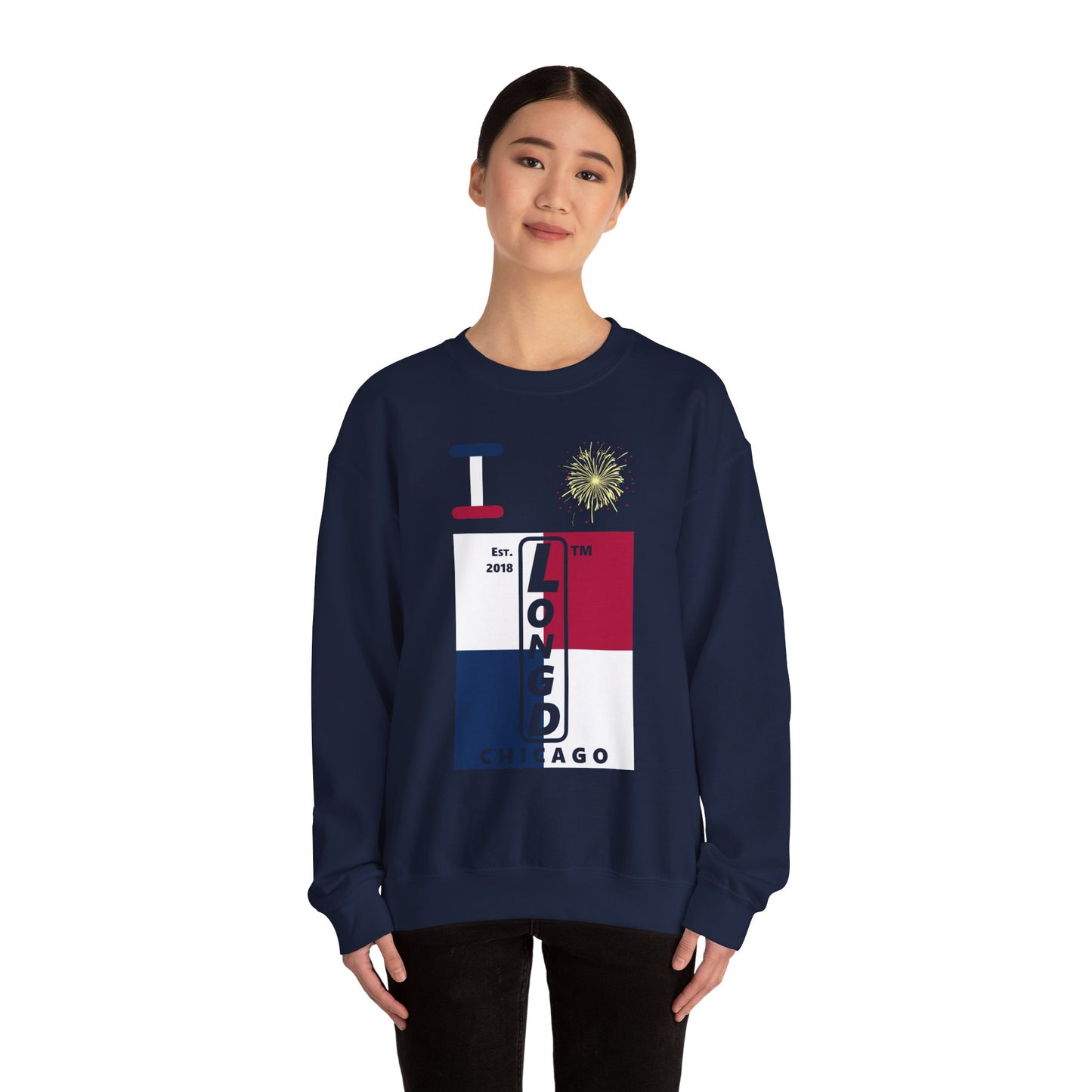 I Burst LongD negative quarters flag Chicago upright logo crewneck sweatshirt
