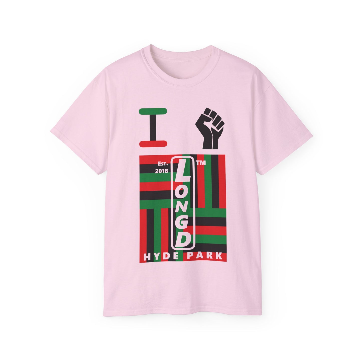 I fist LongD Cotton Tee negative windmill Hyde Park upright logo (Juneteenth colors)