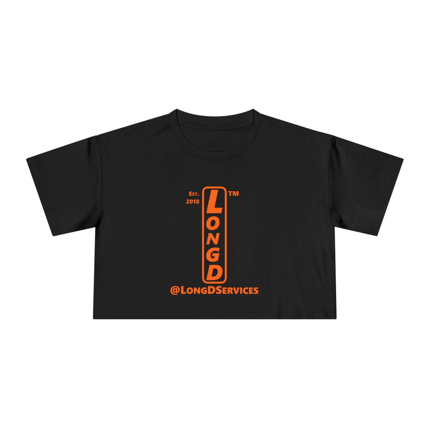 LongD Tag upright front-back logo orange (FE7518) on Black (000000) crop tee