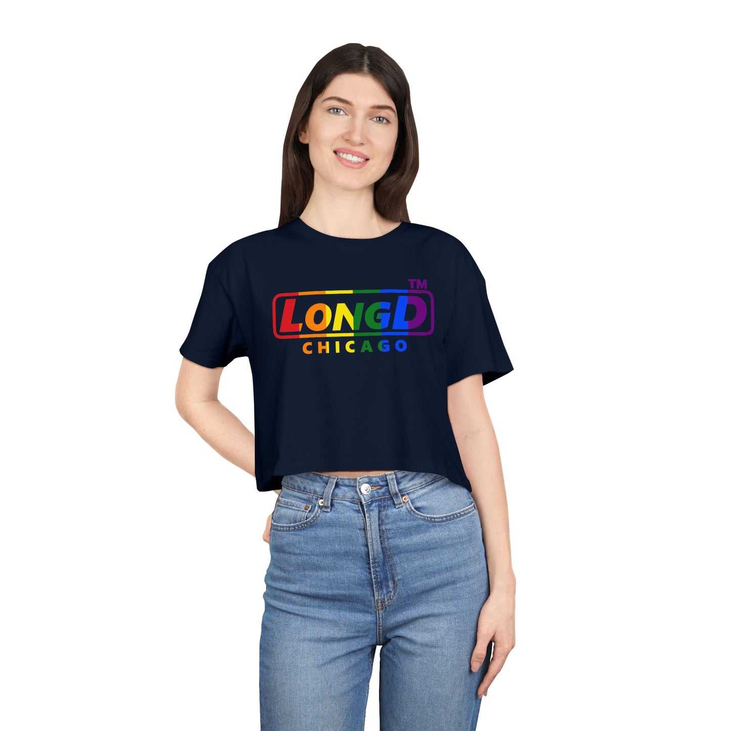 LongD positive vertical 6-striped front-back Chicago logo crop tee (Pride colors)