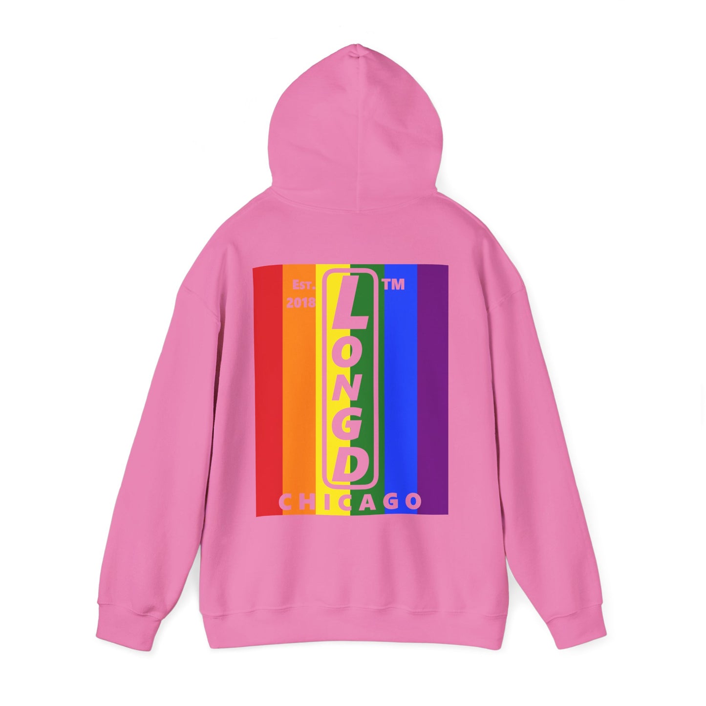 LongD single-breasted negative vertical 6-striped front-back upright Chicago logo hoodie (Pride colors)