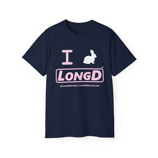 I Bunny LongD® Logo Cotton Tee Easter pastel pink text (white Easter Bunny)