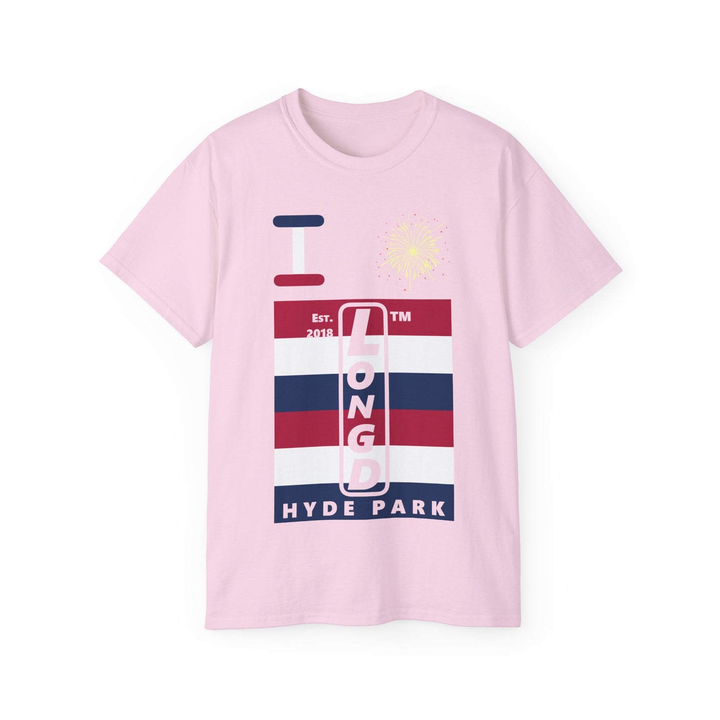 I Burst LongD cotton tee negative horizontal 6-striped Hyde Park upright logo (Patriotic colors)