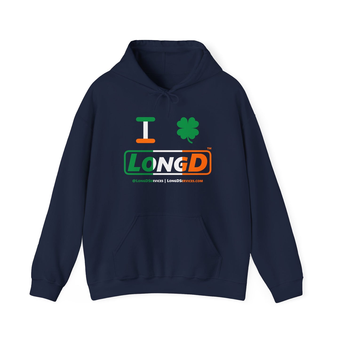 I Clover LongD® Logo Hoodie (St. Patrick's Day Irish Green-Irish Orange-White text)