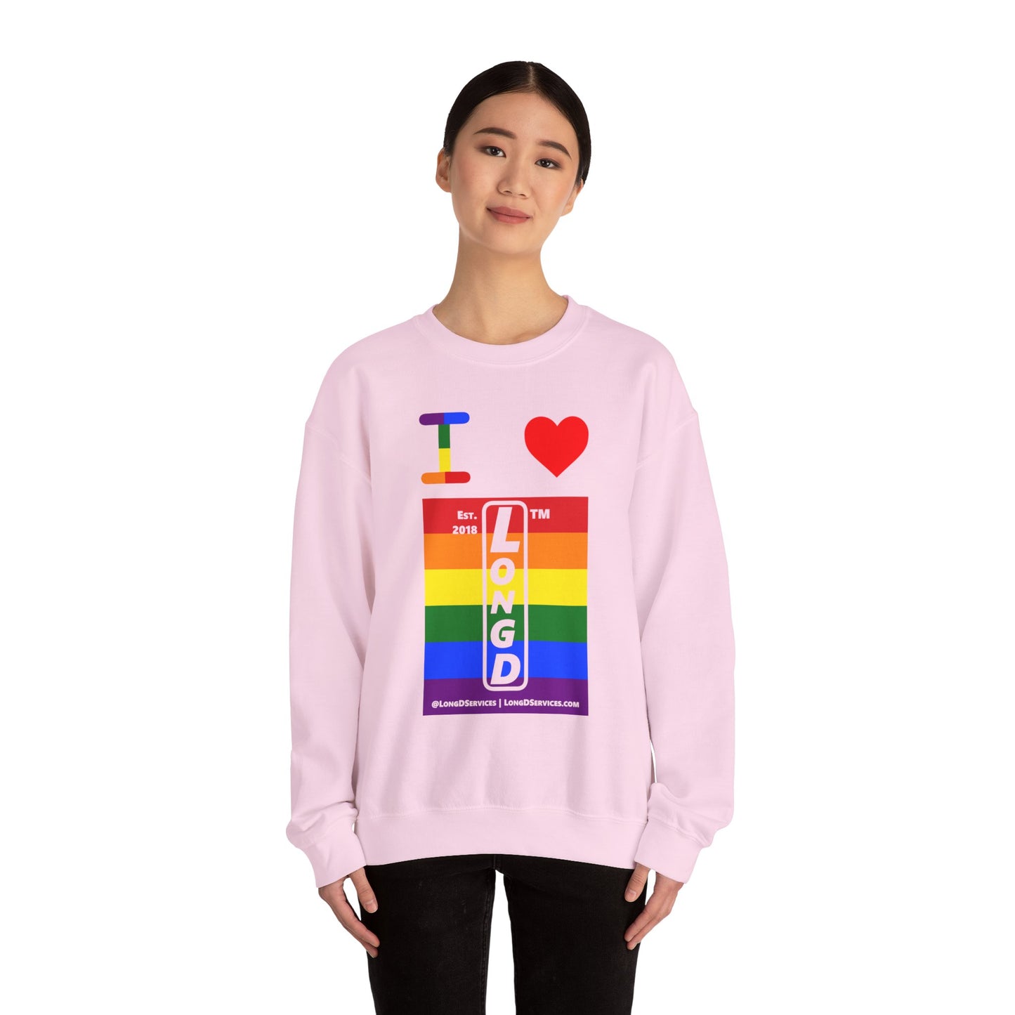 I Luv LongD negative horizontal 6-striped tag-domain upright logo crewneck sweatshirt