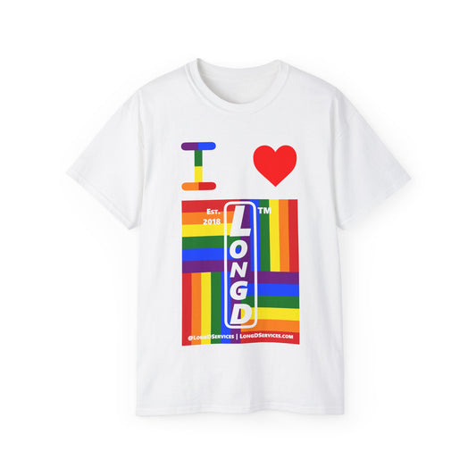 I Luv LongD Cotton Tee negative windmill tag-domain upright logo (Pride colors)