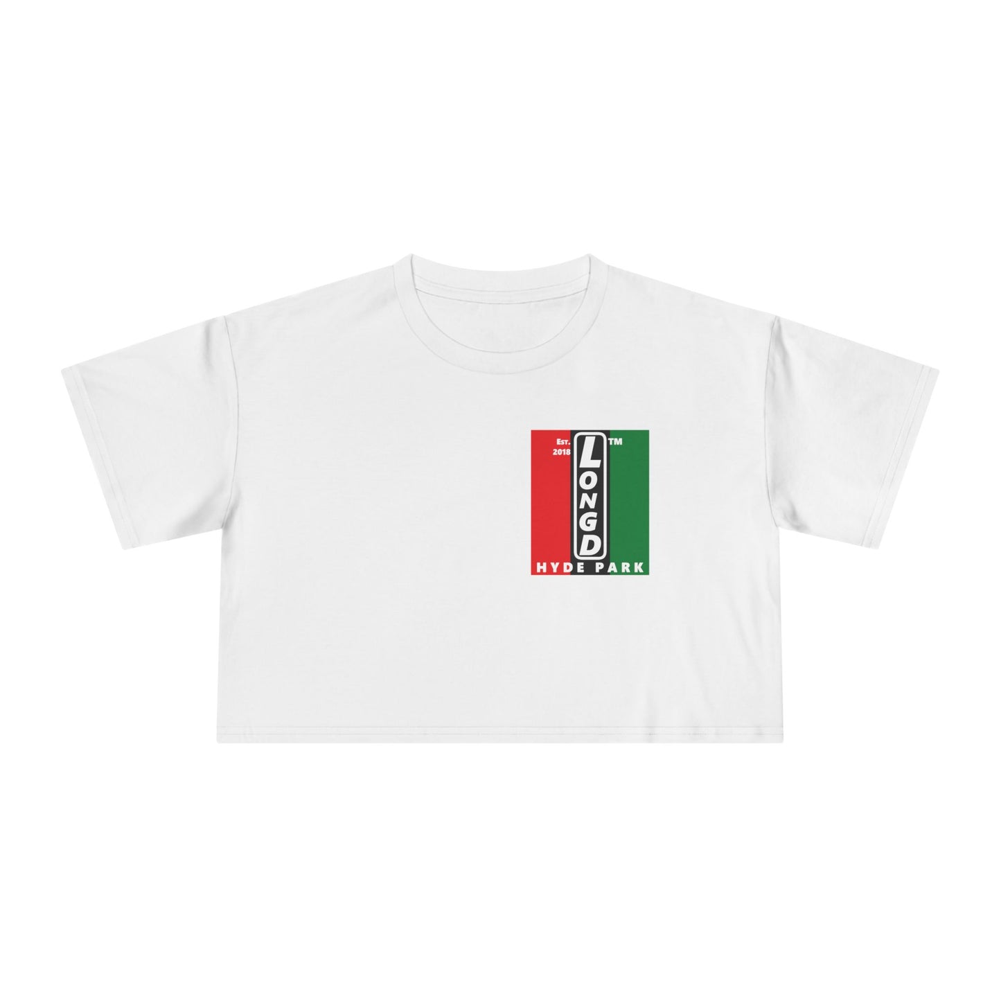 Negative vertical 3-striped upright single-breasted Hyde Park logo crop tee (Juneteenth colors)