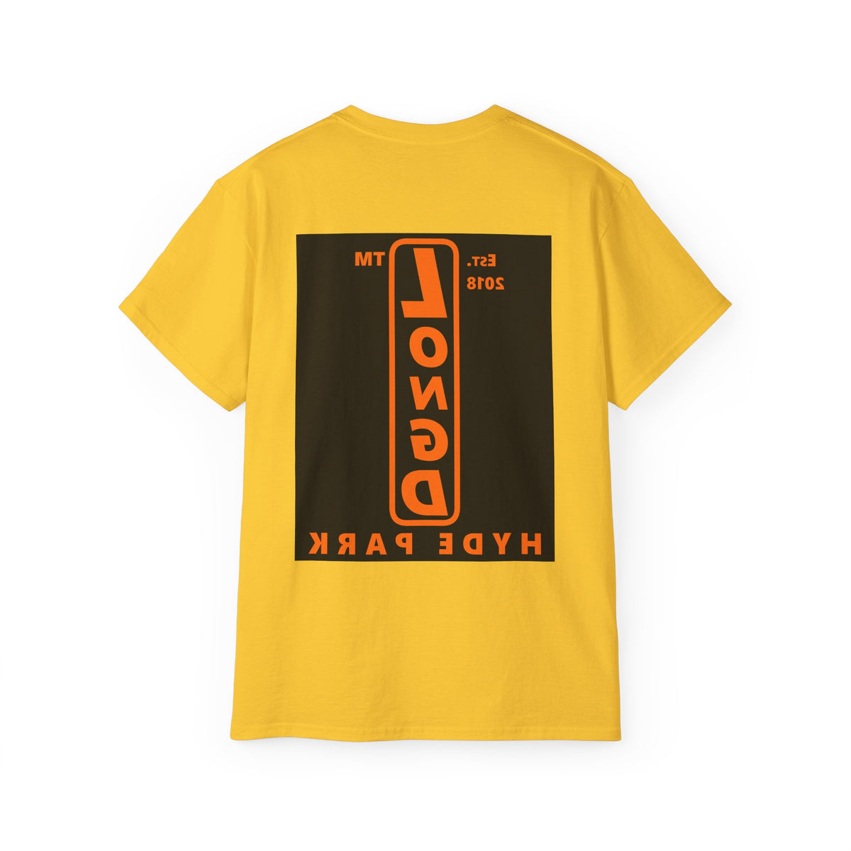 LongD Hyde Park upright front-back logo orange (FE7518) on Black (000000) cotton tee