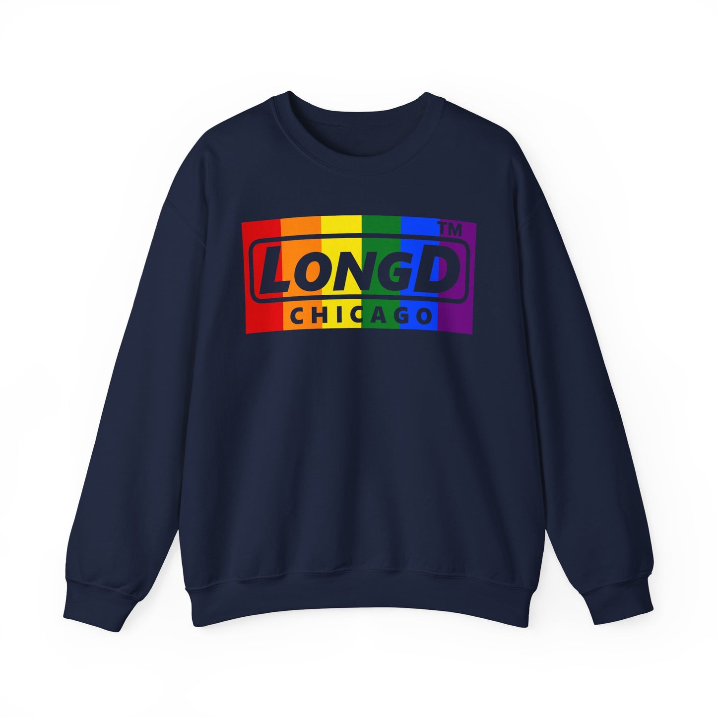 LongD negative vertical striped Chicago logo crewneck sweatshirt (Pride colors)