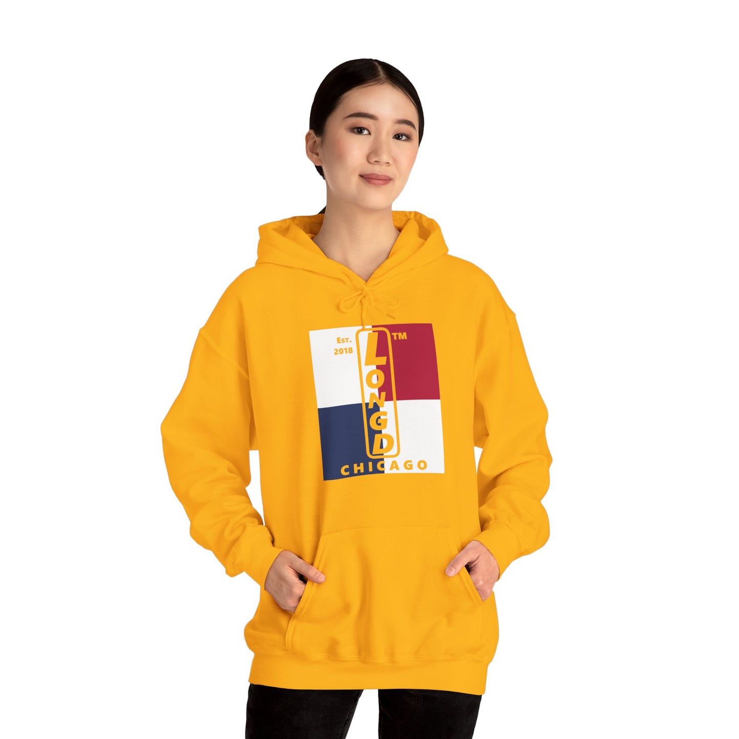 LongD® negative quarters upright Chicago logo hoodie