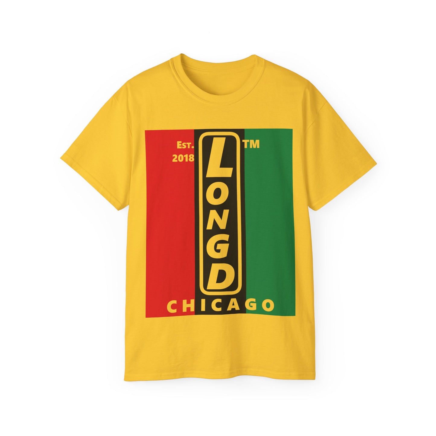 LongD Cotton Tee negative vertical striped Chicago upright logo (Juneteenth colors)