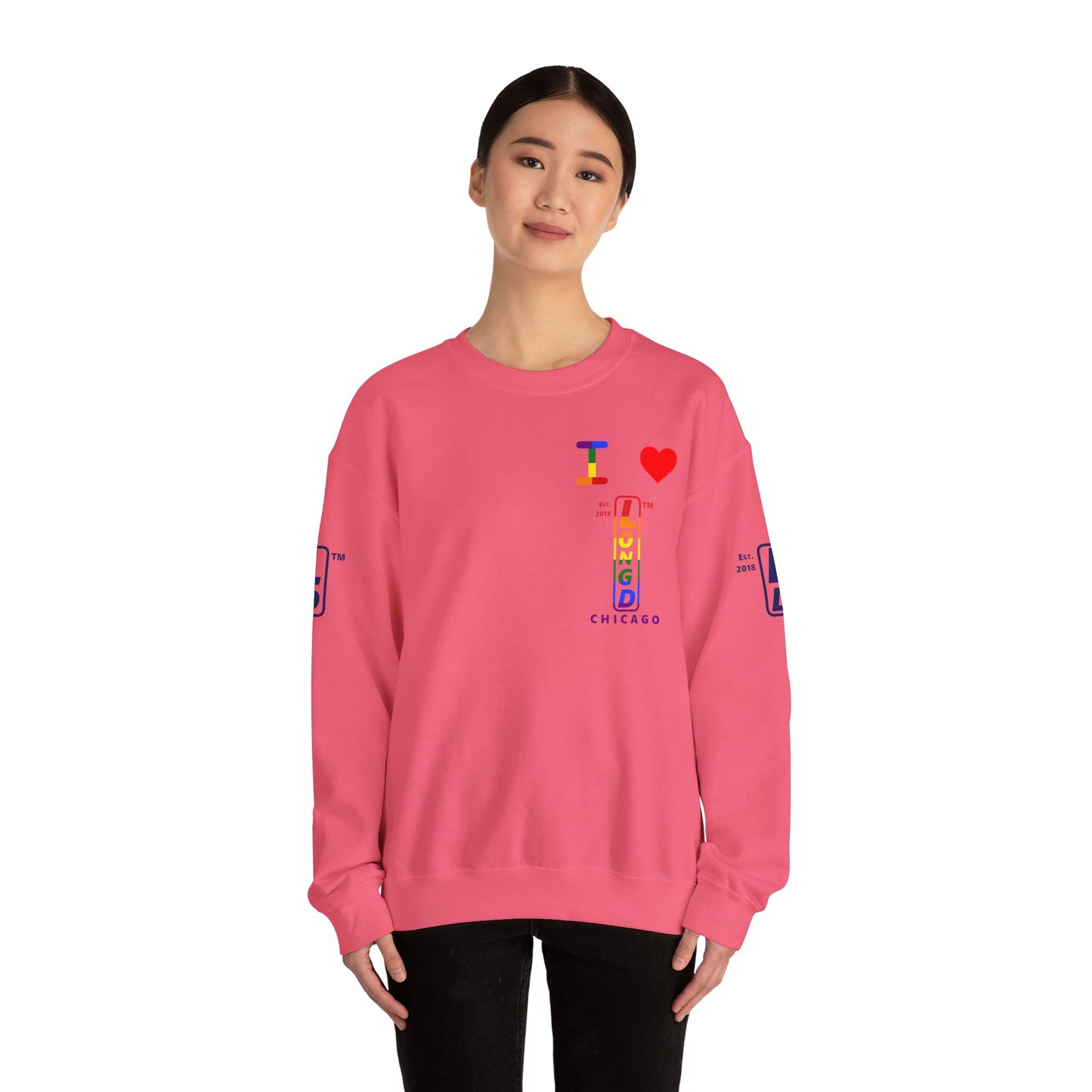 I Luv LongD positive horizontal 6-striped Chicago upright 4-print single-breasted logo crewneck sweatshirt (Pride colors)