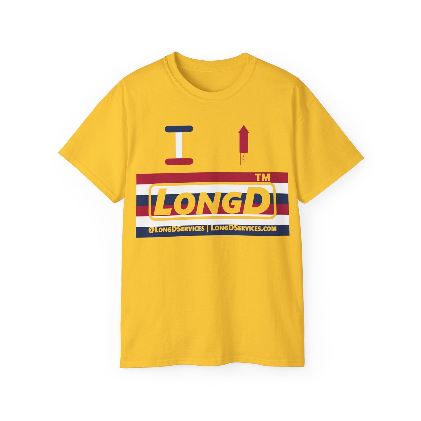 I firecracker LongD negative horizontal 6-striped tag-domain logo cotton tee