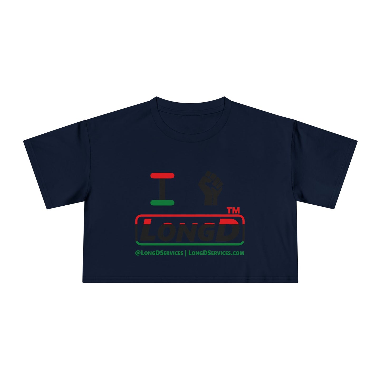 I fist LongD positive horizontal 3-striped tag-domain logo crop tee