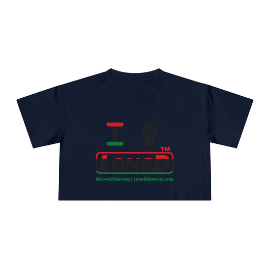 I fist LongD positive horizontal 3-striped tag-domain logo crop tee