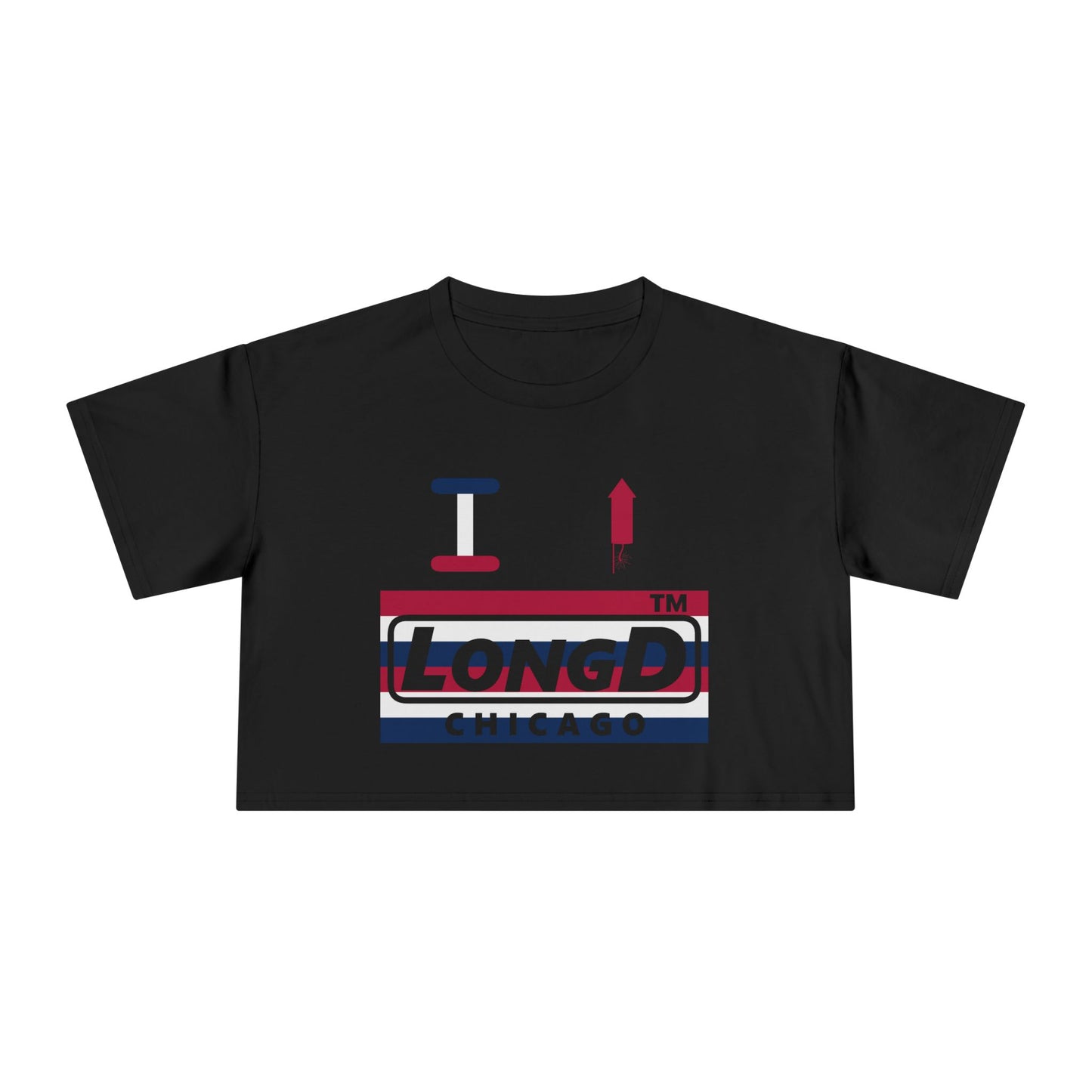 I firecracker LongD negative horizontal 6-striped Chicago Logo Crop Tee (Patriotic colors)