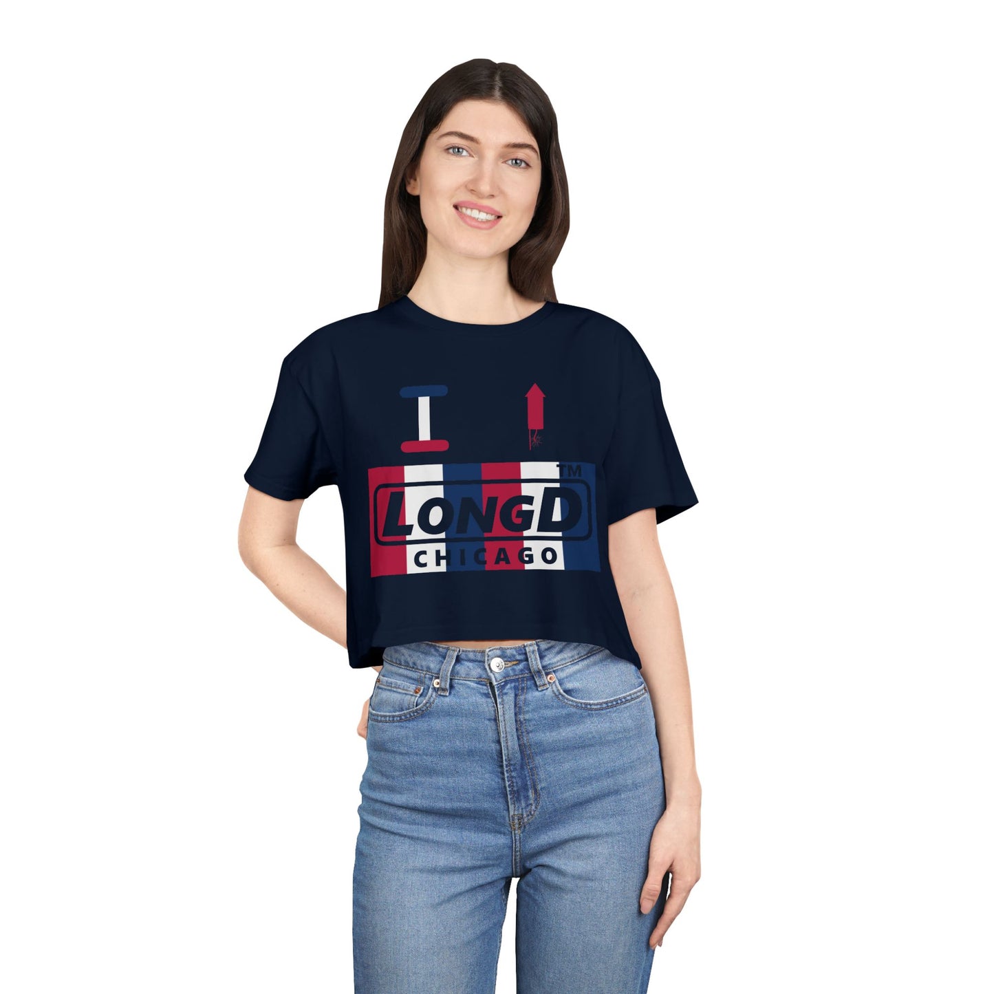 I firecracker LongD negative vertical 6-striped Chicago Logo Crop Tee (Patriotic colors)