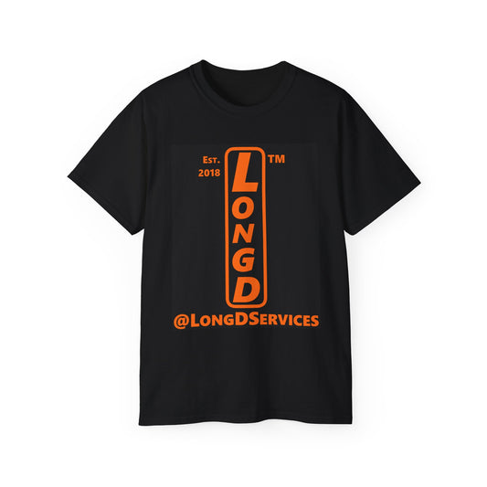 LongD Tag upright logo positive orange on negative black (Halloween colors) cotton tee