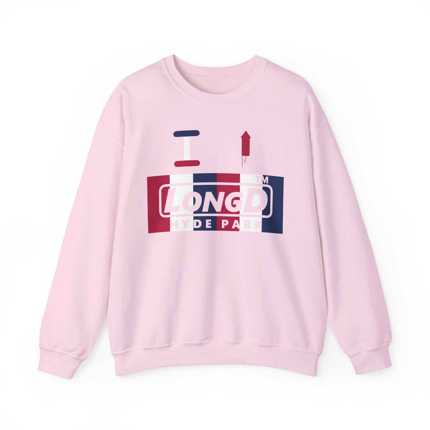 I firecracker LongD negative vertical 6-striped Hyde Park logo crewneck sweatshirt