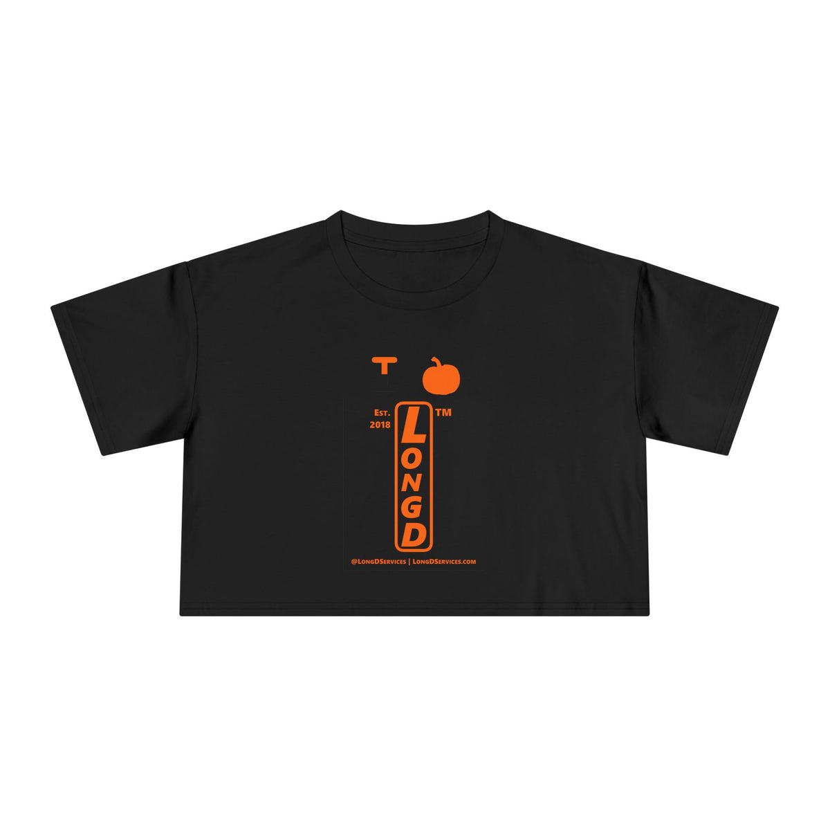I pumpkin LongD Tag-domain upright logo positive orange on negative black crop tee