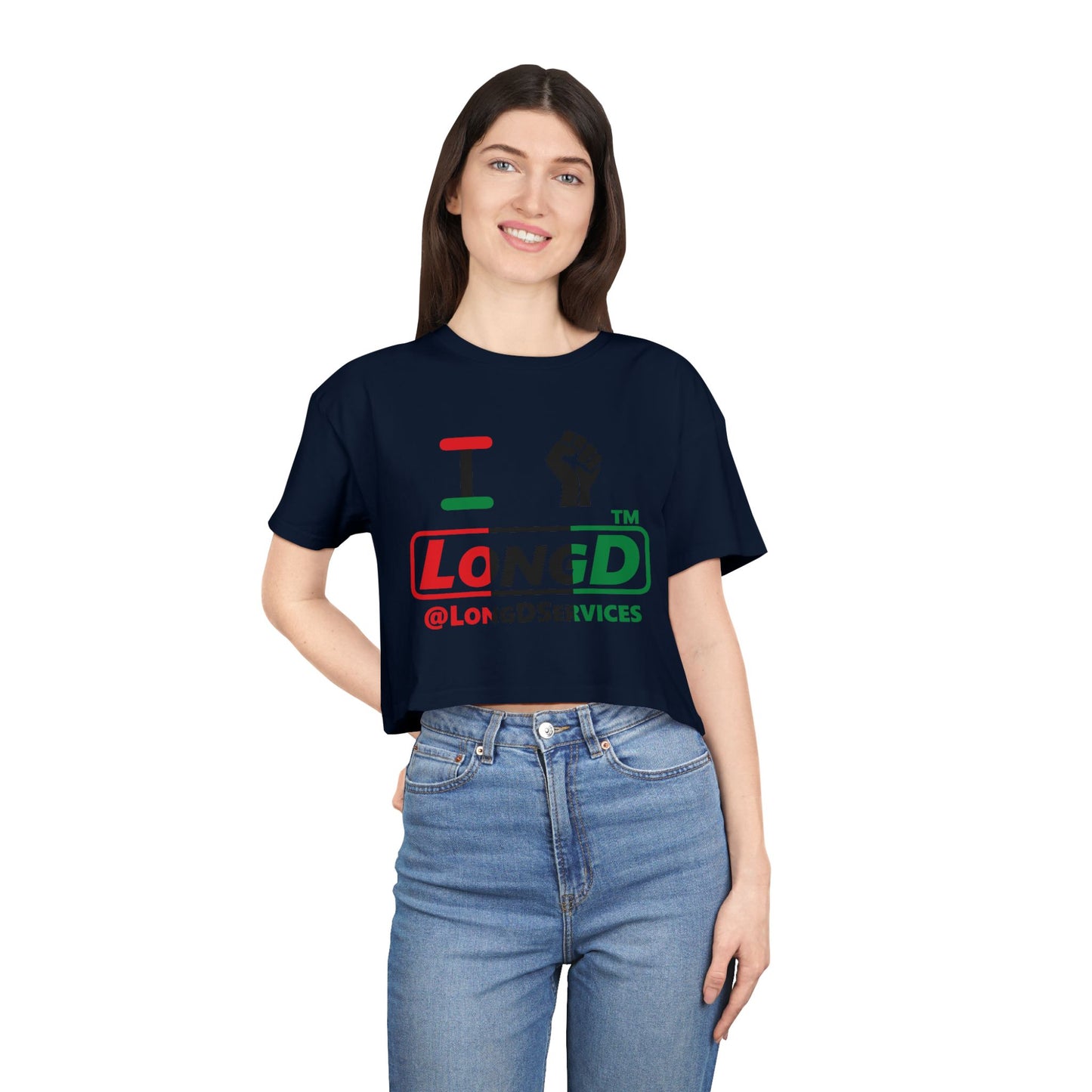 I fist LongD positive vertical 3-striped tag logo crop tee
