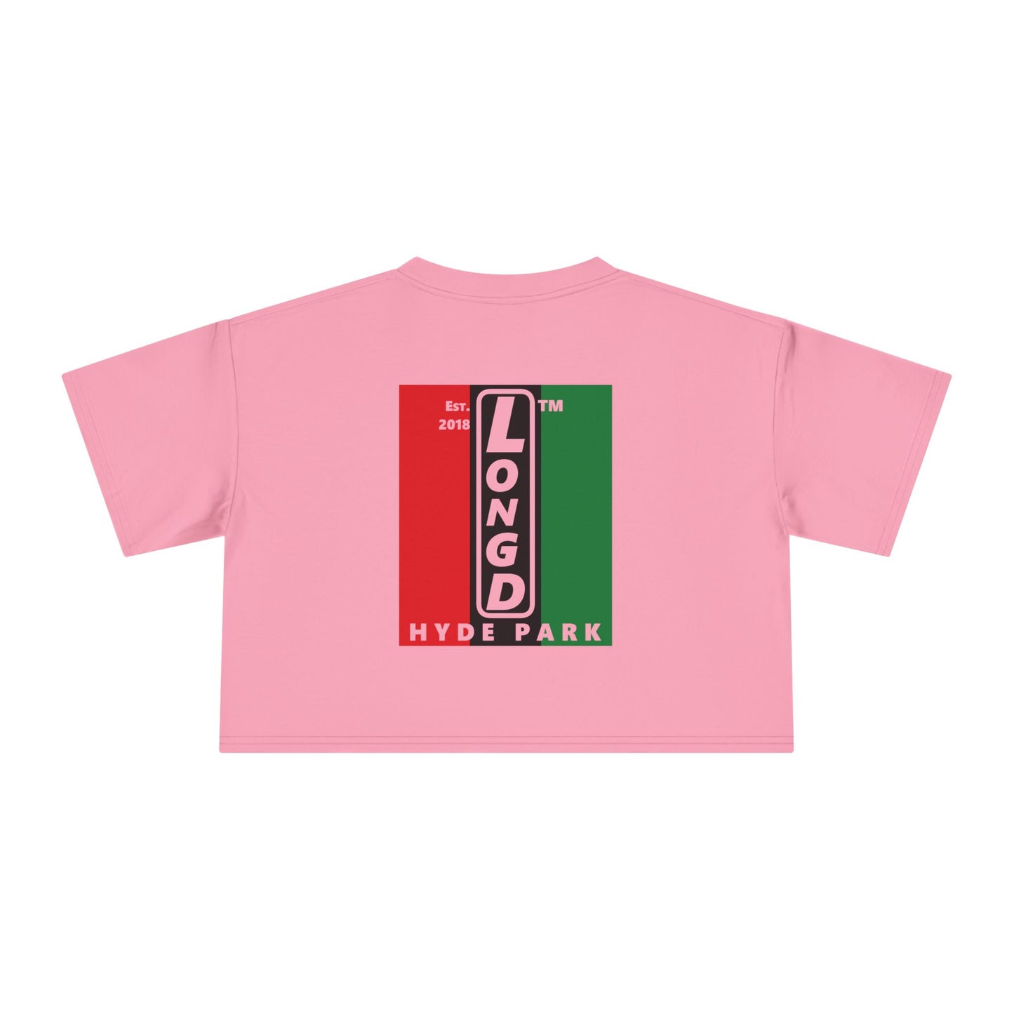 Negative vertical 3-striped upright front-back Hyde Park logo crop tee (Juneteenth colors)