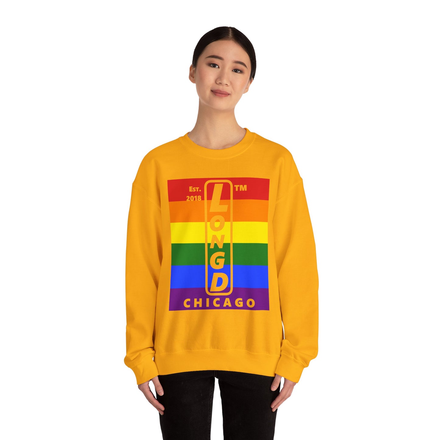 LongD negative horizontal 6-striped Chicago upright logo crewneck sweatshirt (Pride colors)