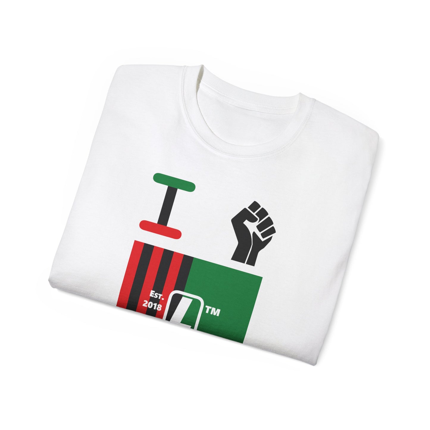 I fist LongD Cotton Tee negative flag Hyde Park upright logo (Juneteenth colors)