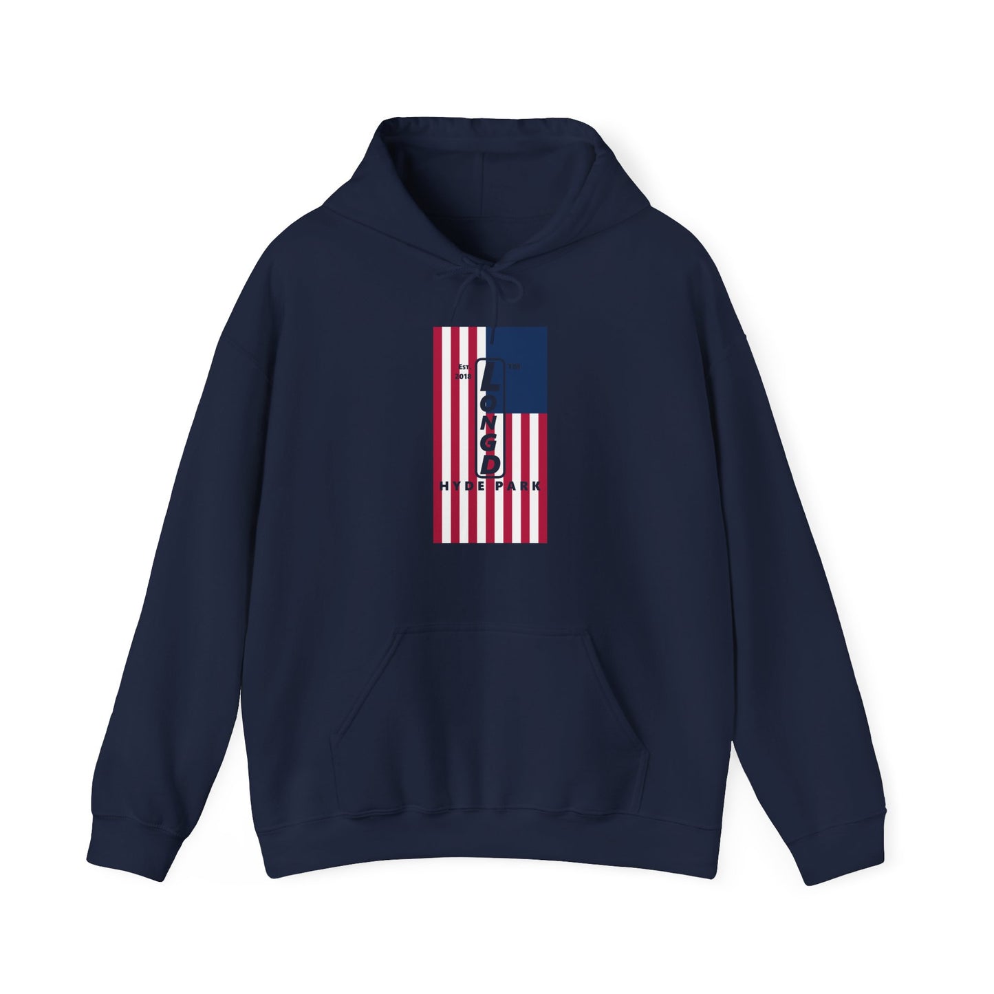 LongD® negative flag upright Hyde Park logo hoodie (Patriotic colors)