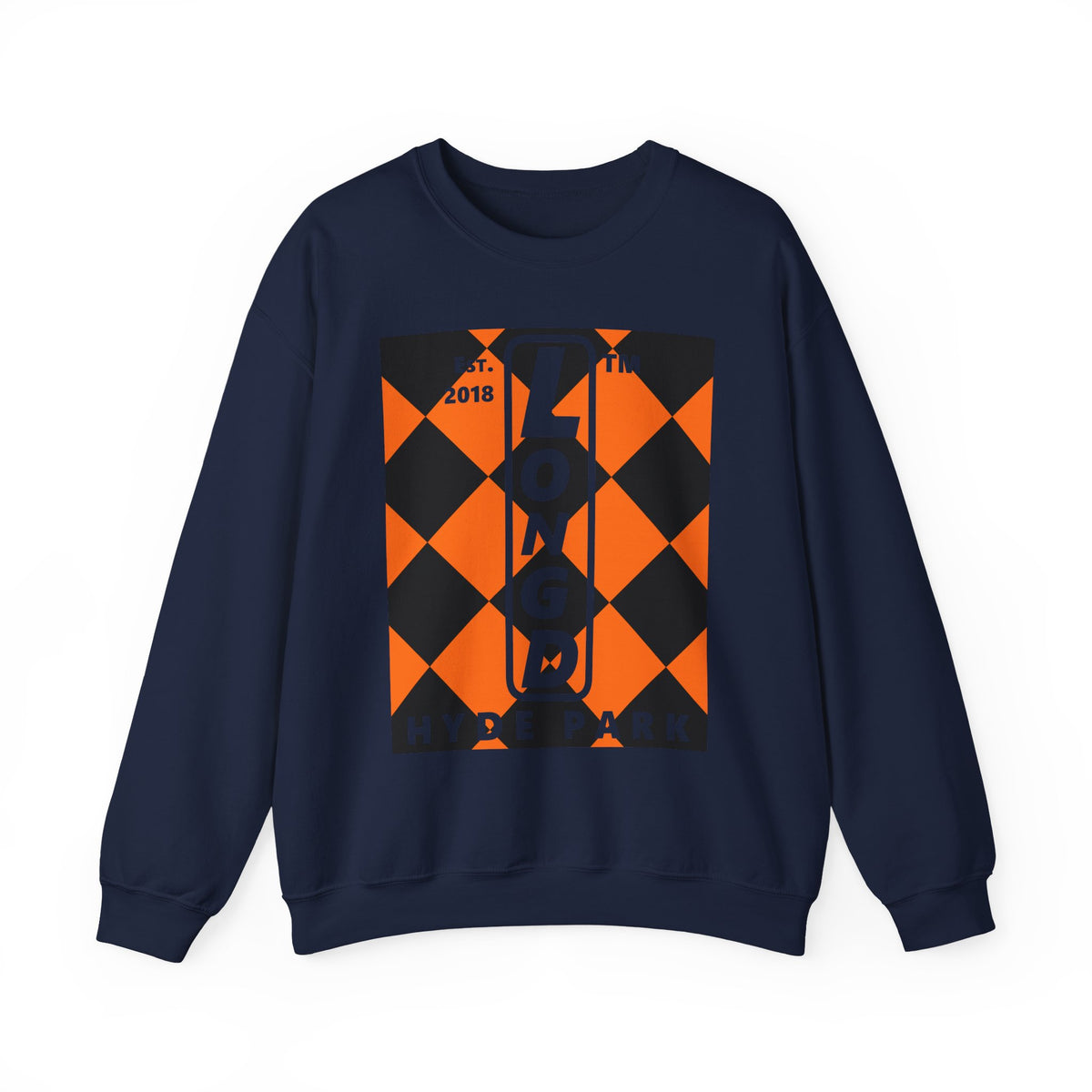 LongD Hyde Park negative upright argyle logo (Halloween colors) crewneck sweatshirt