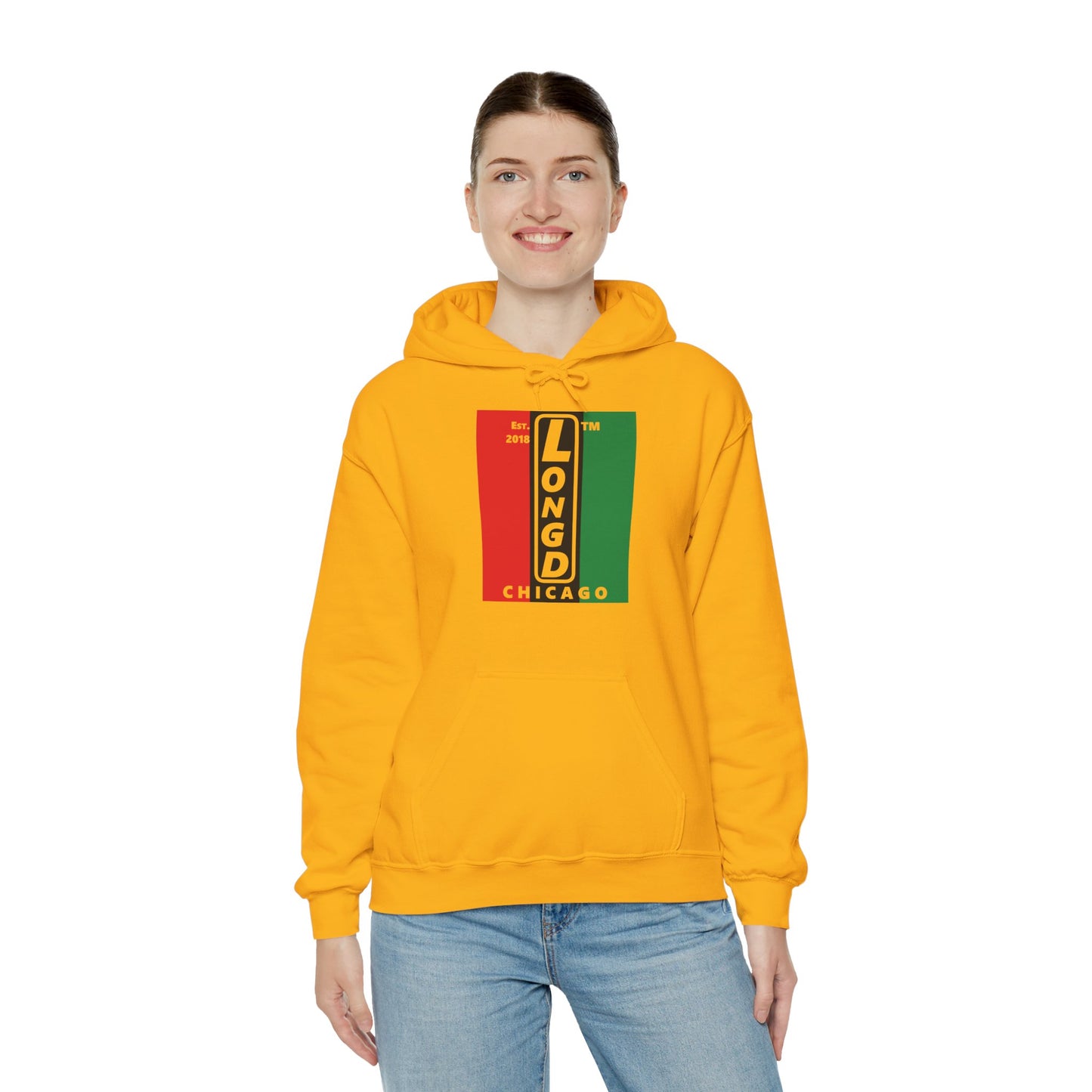 LongD® negative vertical 3-striped upright Chicago logo hoodie (Juneteenth colors)