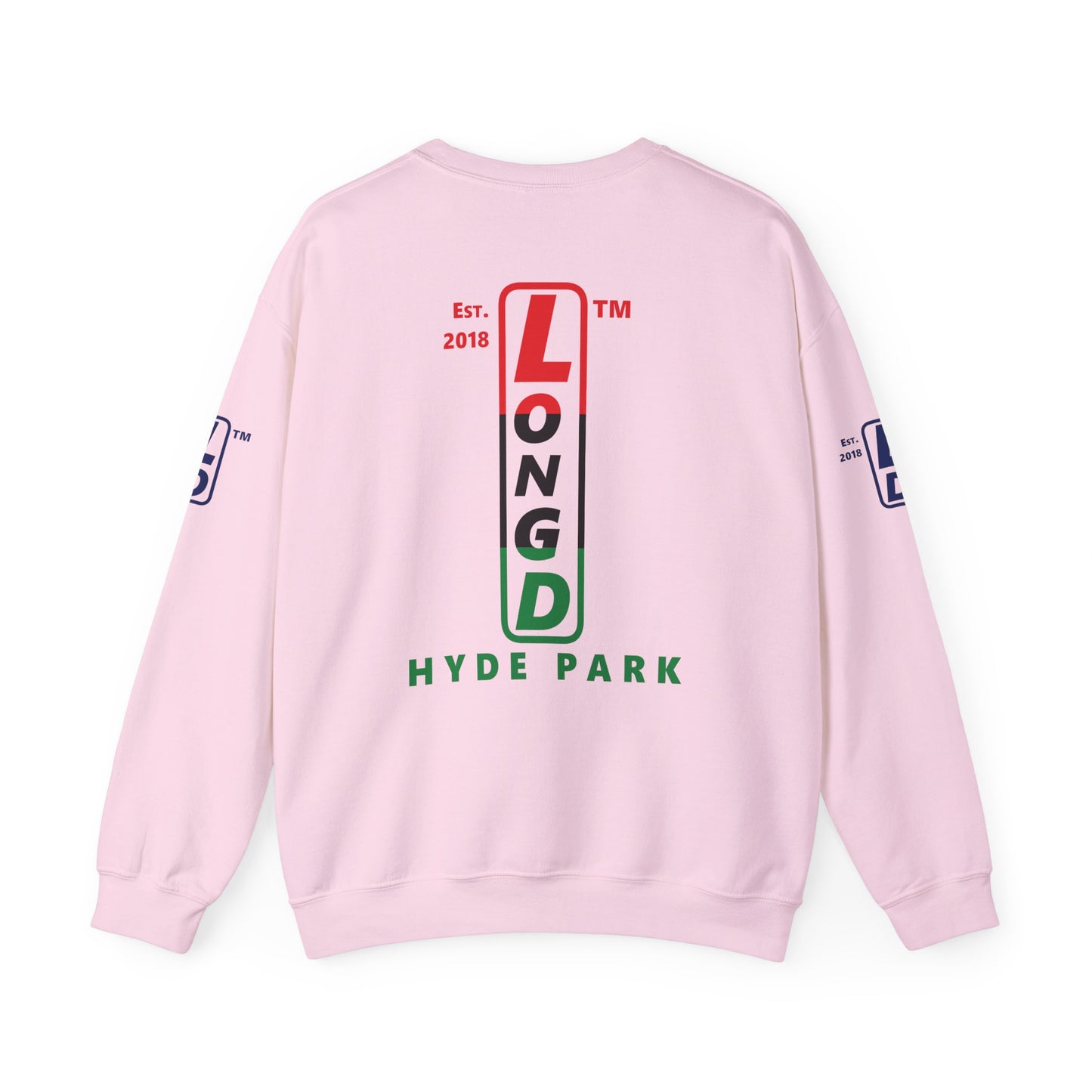 I Fist LongD positive horizontal 6-striped Hyde Park upright 4-print logo crewneck sweatshirt