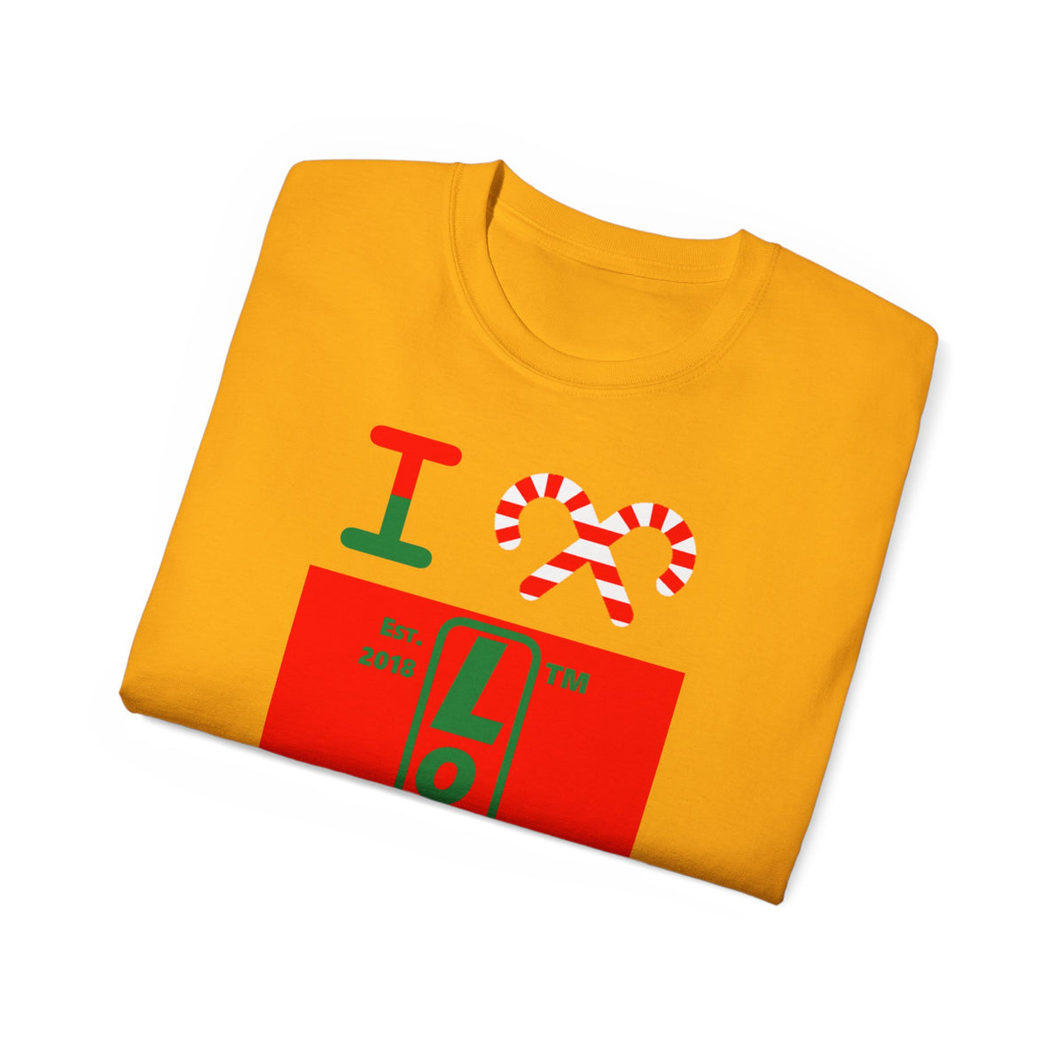 I candy cane LongD Chicago upright logo positive green on negative red cotton tee