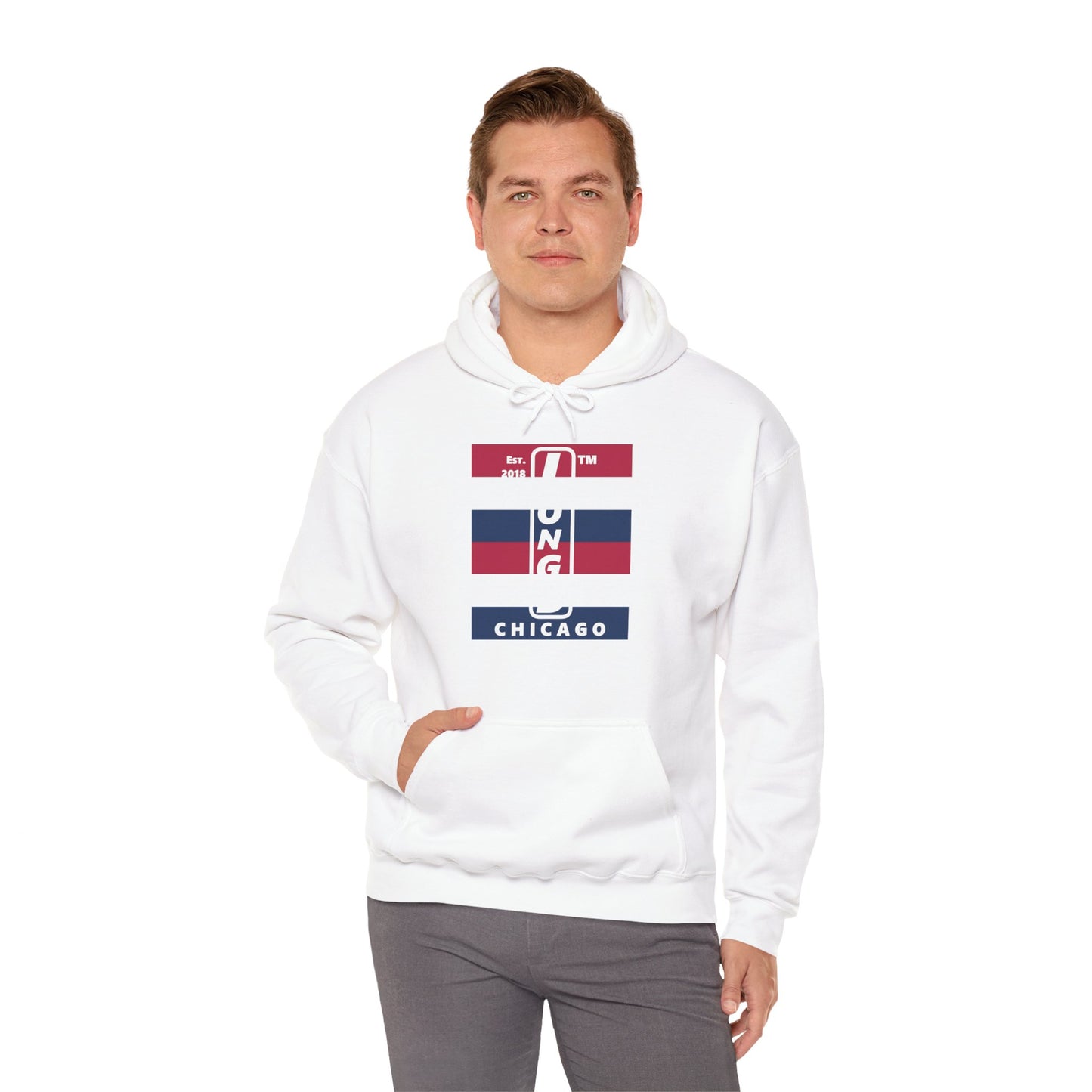 LongD® negative horizontal 6-striped upright Chicago logo hoodie