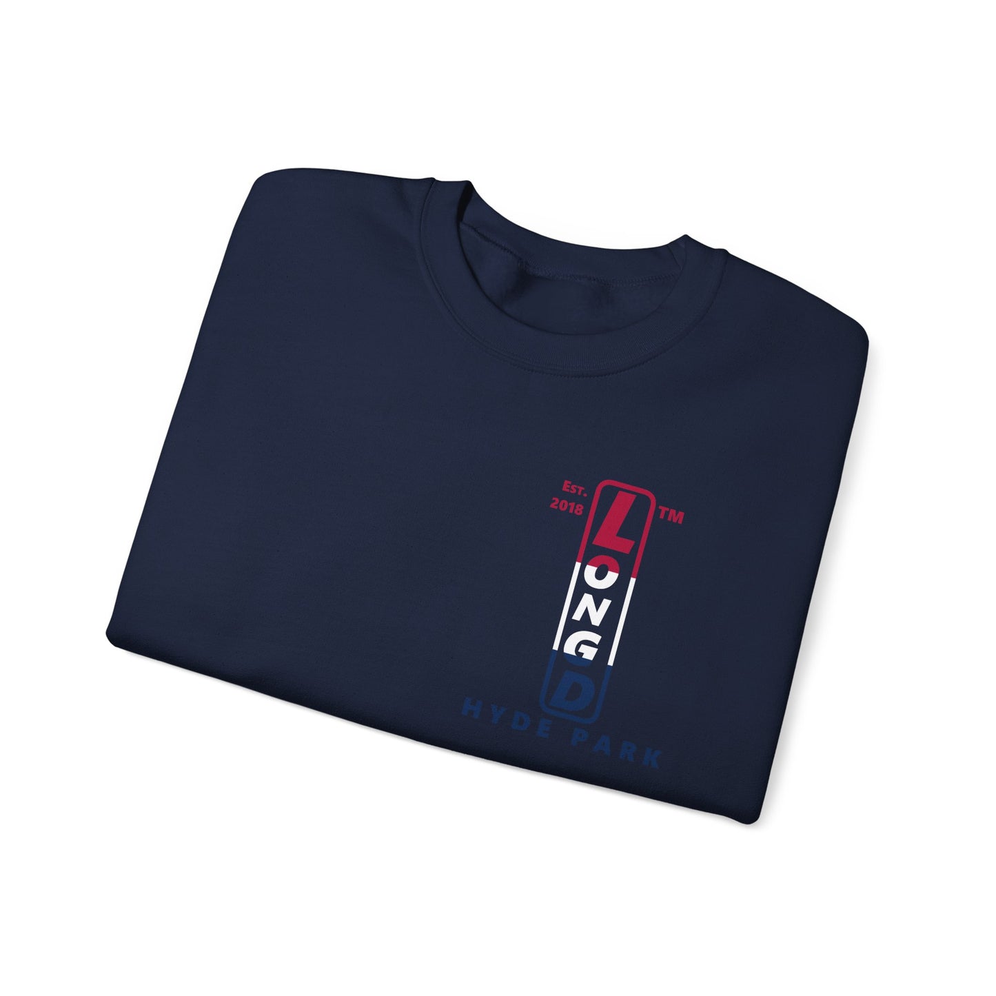 LongD positive horizontal 3-striped Hyde Park upright 4-print single-breasted logo crewneck sweatshirt (patriotic colors)