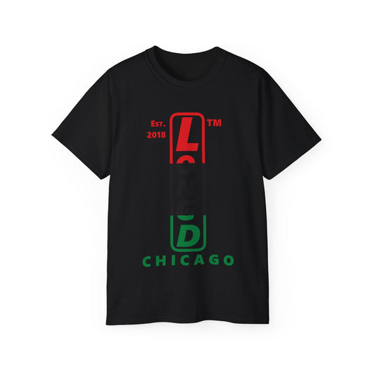 LongD Cotton Tee positive horizontal striped Chicago upright logo (Juneteenth colors)