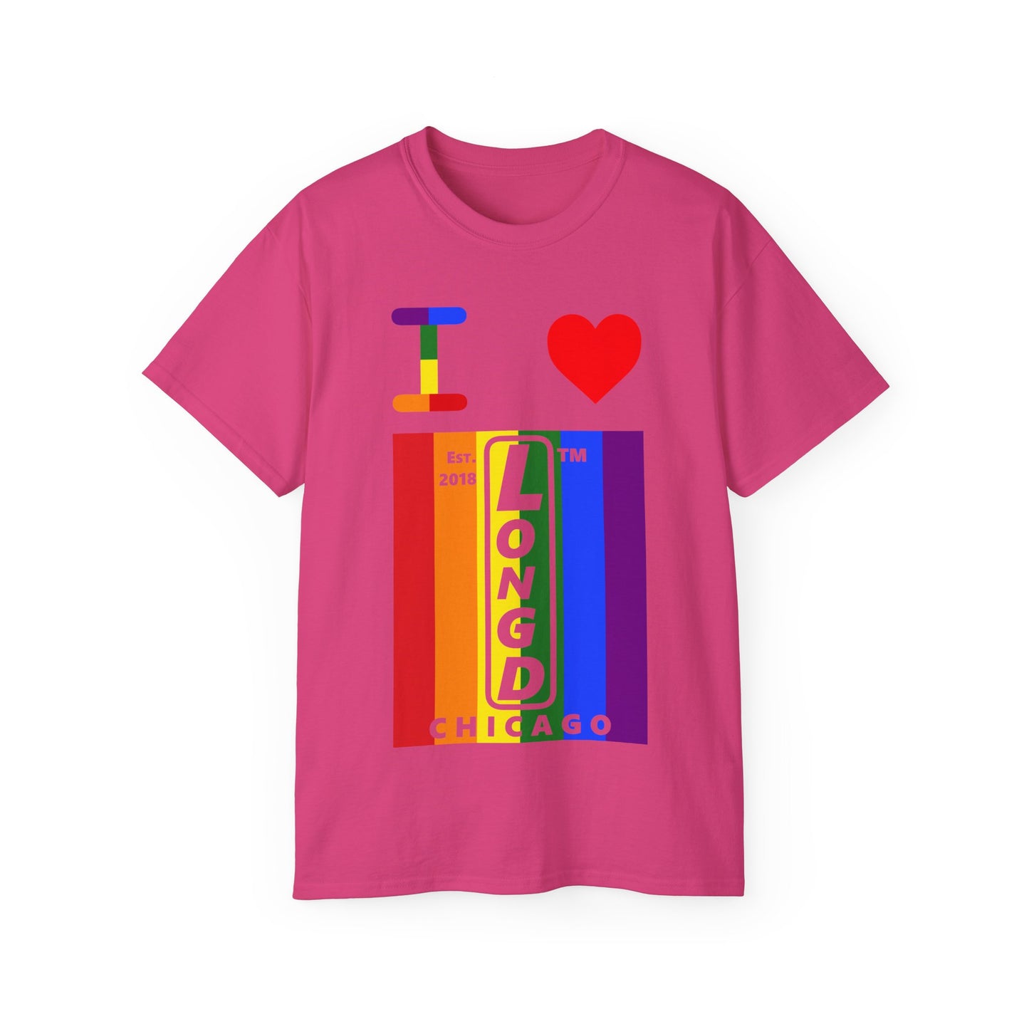 I Luv LongD Cotton Tee negative vertical striped Chicago upright logo (Pride colors)