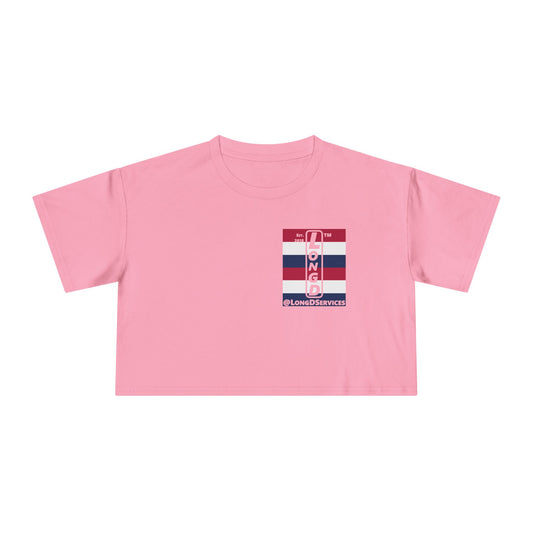Negative horizontal 6-striped upright single-breasted tag logo crop tee (Patriotic colors)