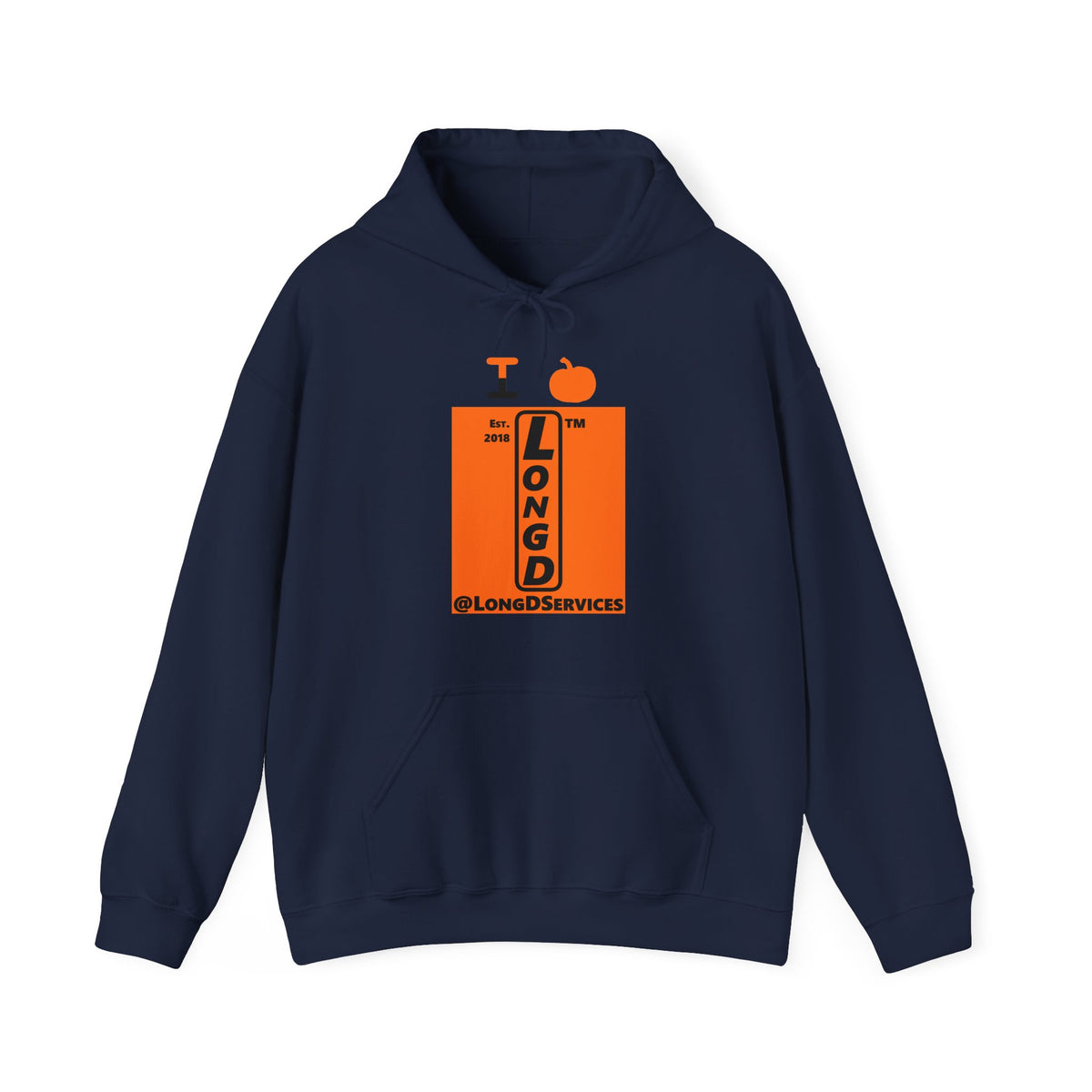 I pumpkin LongD Tag upright logo positive black on negative orange hoodie