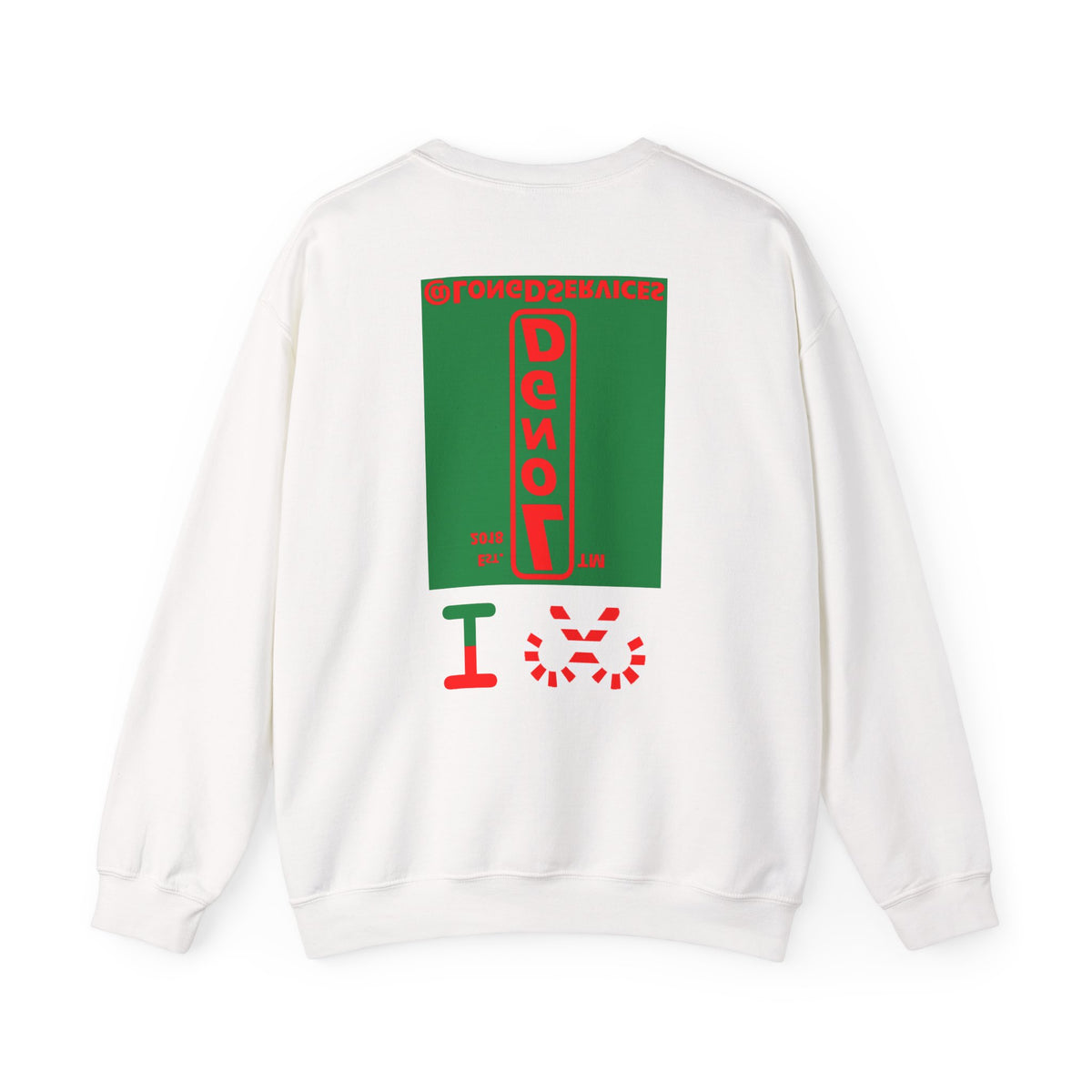 I candy cane LongD Tag upright front-back logo positive red on negative green crewneck sweatshirt