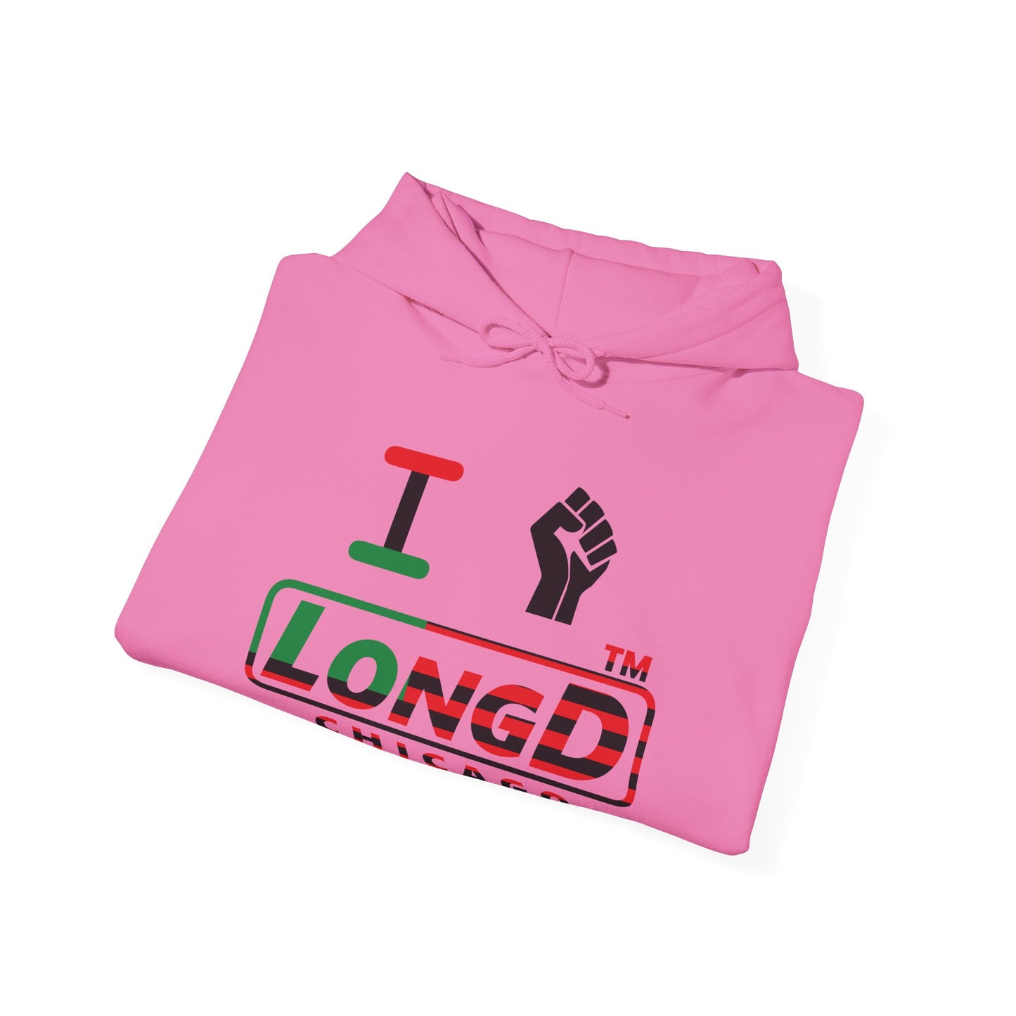 I fist LongD® positive flag front-back Chicago logo Hoodie (Juneteenth colors)