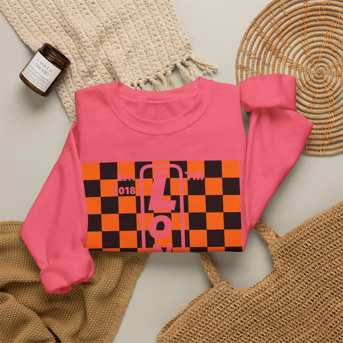 LongD Hyde Park negative upright checkered logo (Halloween colors) crewneck sweatshirt