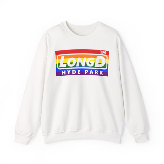 LongD negative horizontal striped Hyde Park logo crewneck sweatshirt (Pride colors)