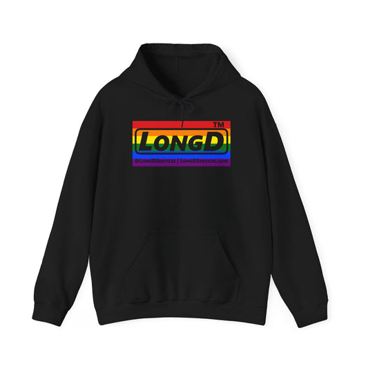 LongD® negative horizontal striped tag-domain logo hoodie (Pride colors)