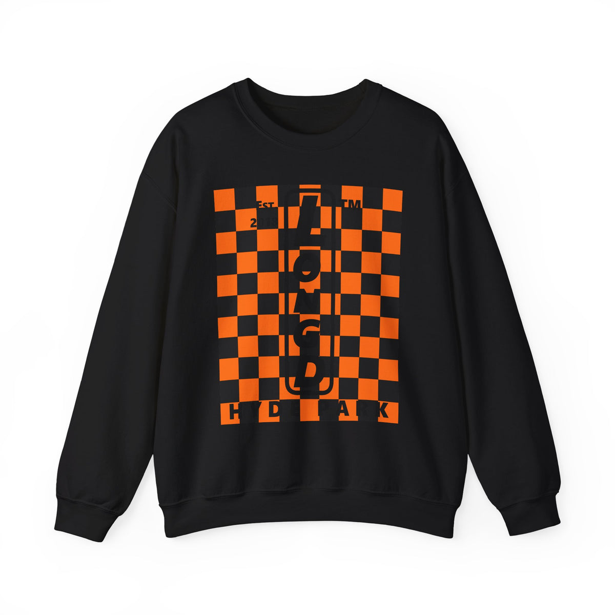 LongD Hyde Park negative upright checkered logo (Halloween colors) crewneck sweatshirt