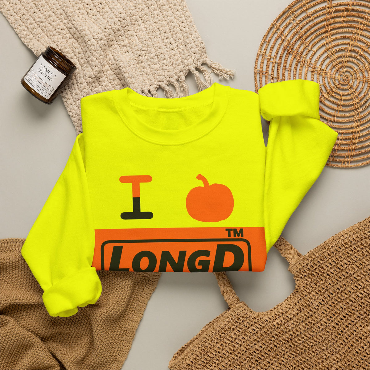 I pumpkin LongD Tag logo positive black on negative orange crewneck sweatshirt