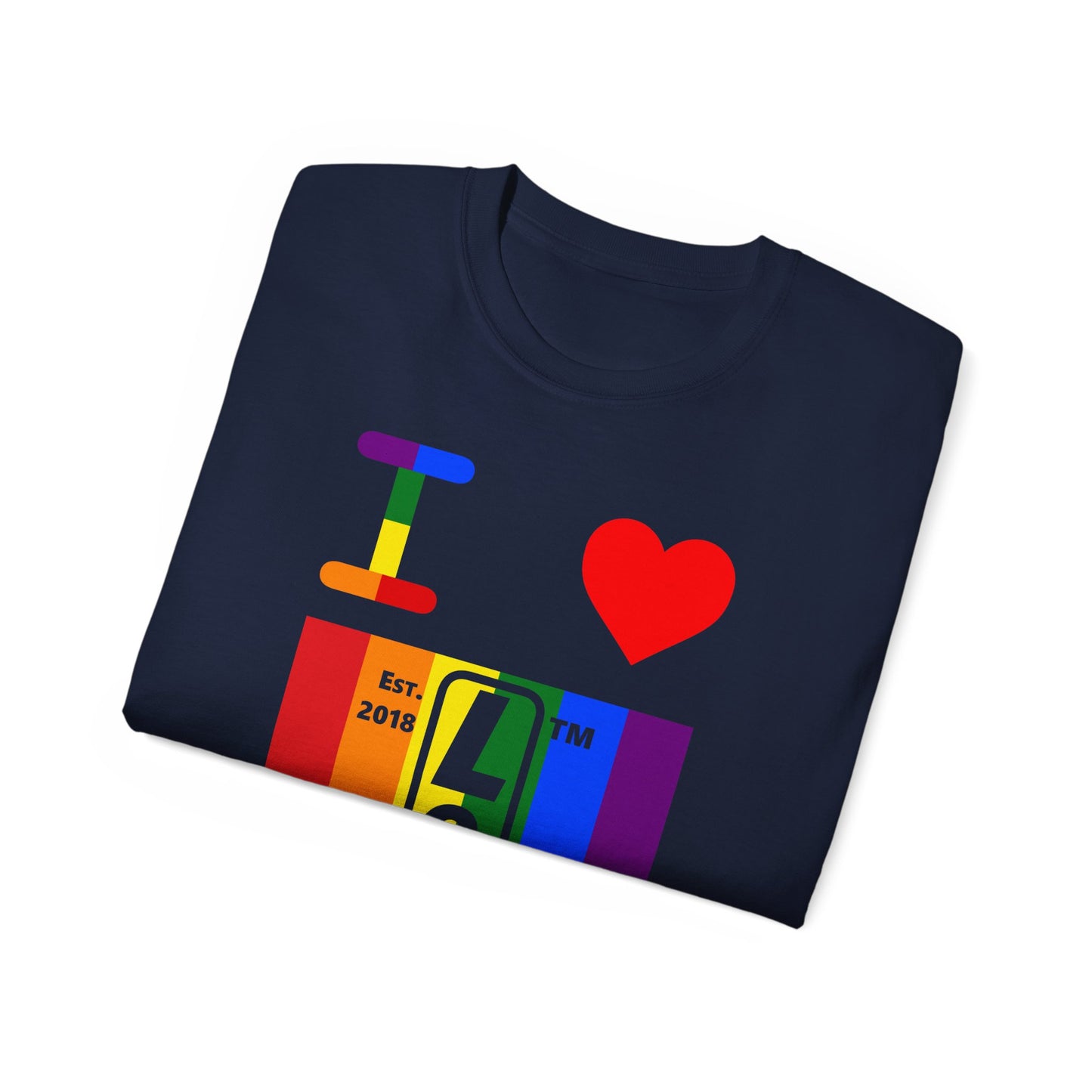 I Luv LongD Cotton Tee negative vertical striped Chicago upright logo (Pride colors)