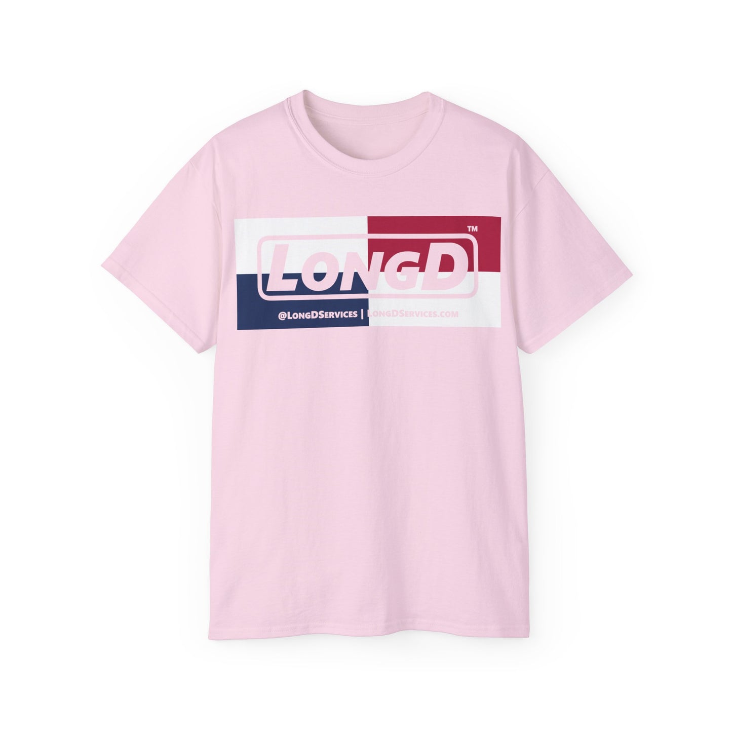 LongD® Logo Cotton Tee Red, White and Blue negative quarters text