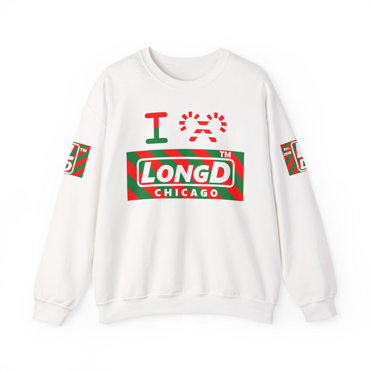 I candy cane LongD Chicago negative 12-striped 4-print logo crewneck sweatshirt
